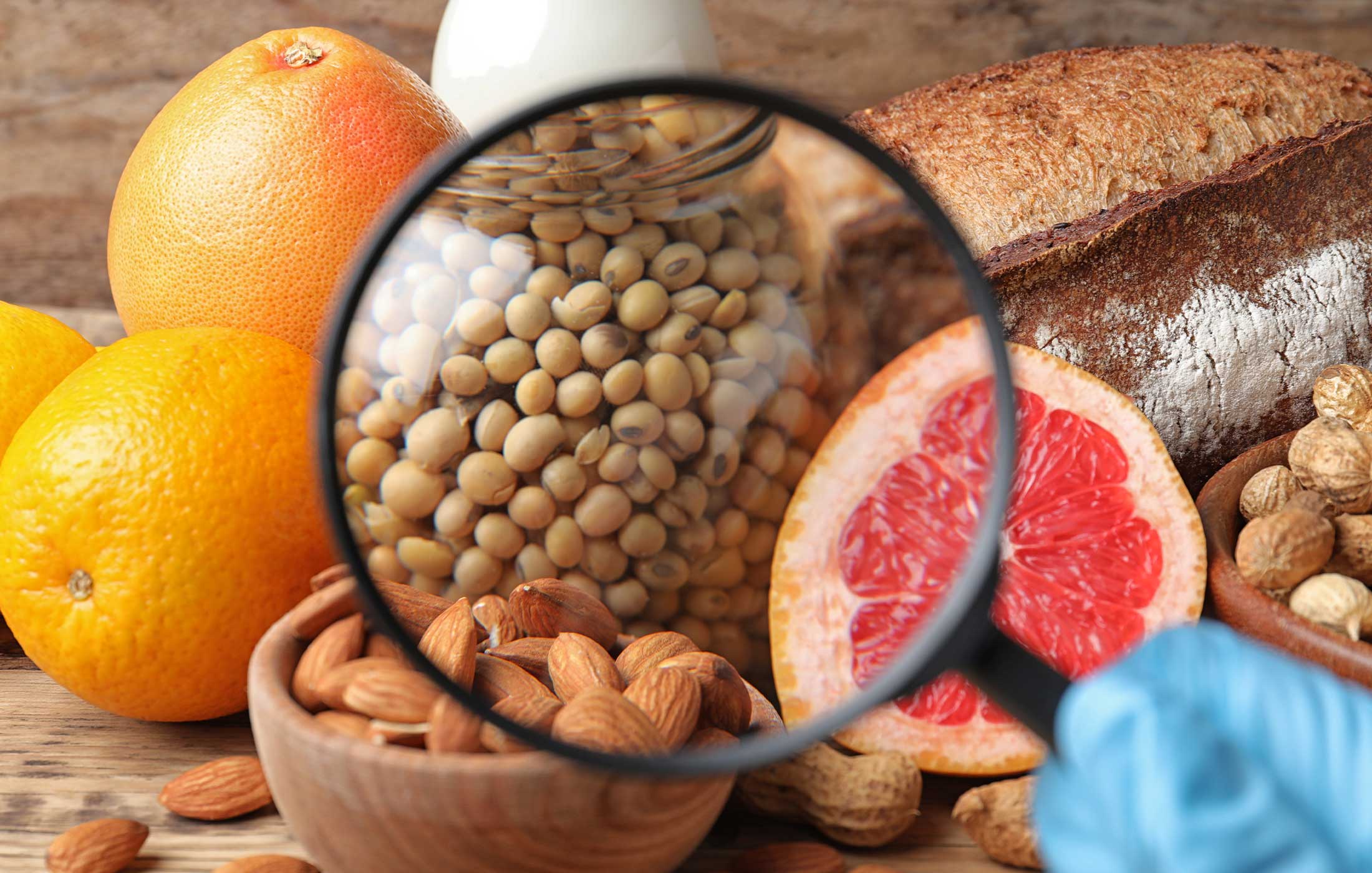 Magnifying glass looking at jar of beans with oranges, grapefruits, almonds, peanuts, milk and bread next to the jar